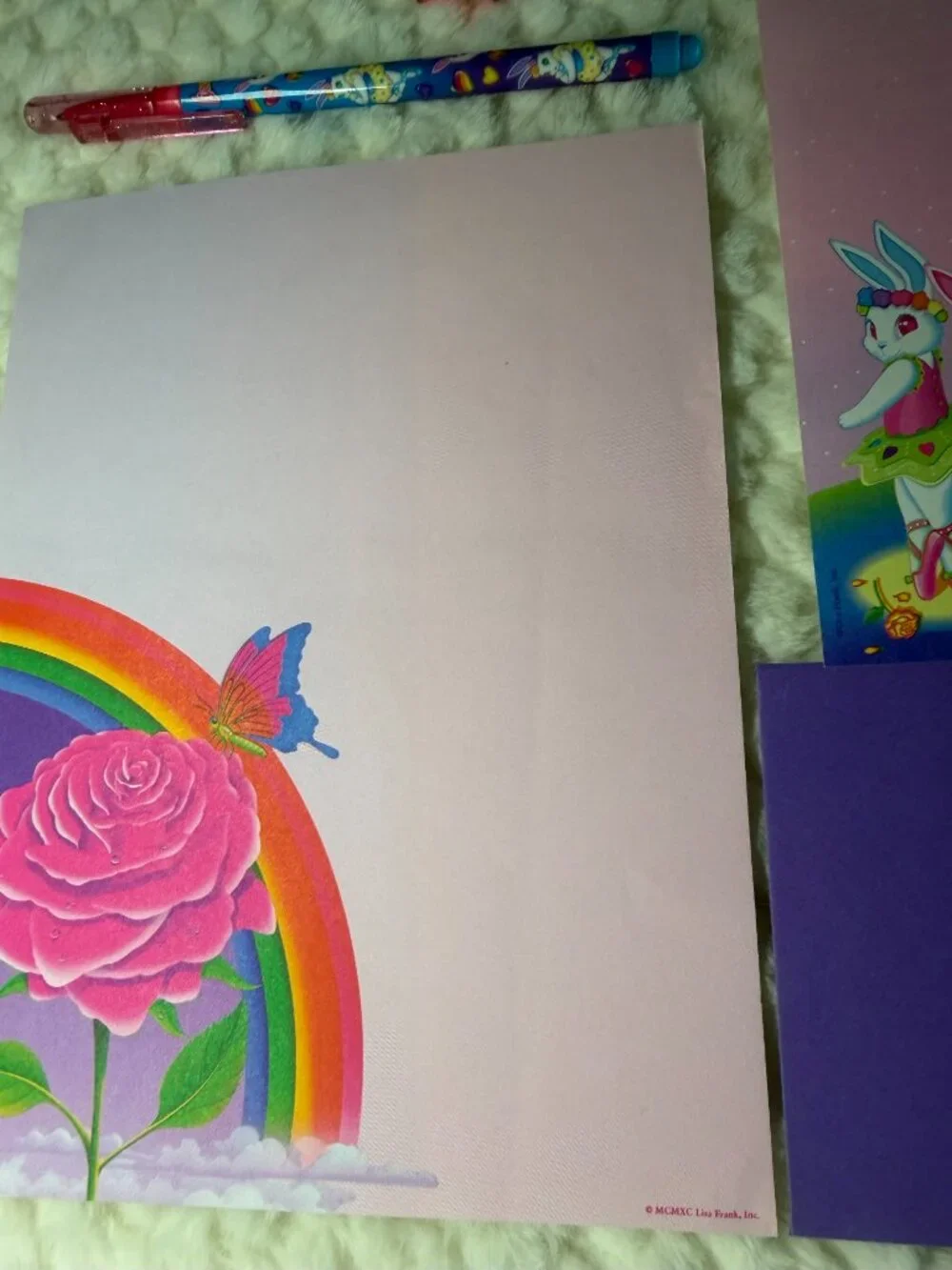 Vintage Lisa Frank Ballerina Bunnies & Rainbow Rose Butterfly Stationary Paper